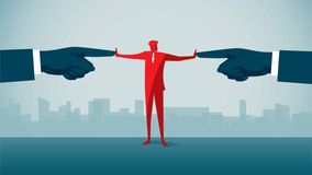 Graphic of two hands pointing at red person separating them.